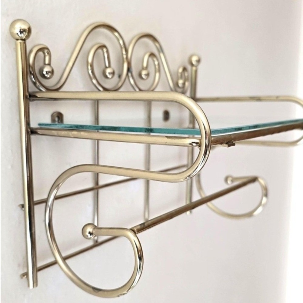 VTG Scrolled Gold Tone Wall Shelf w/ Glass Insert & Towel Bar Organizer Trinket
